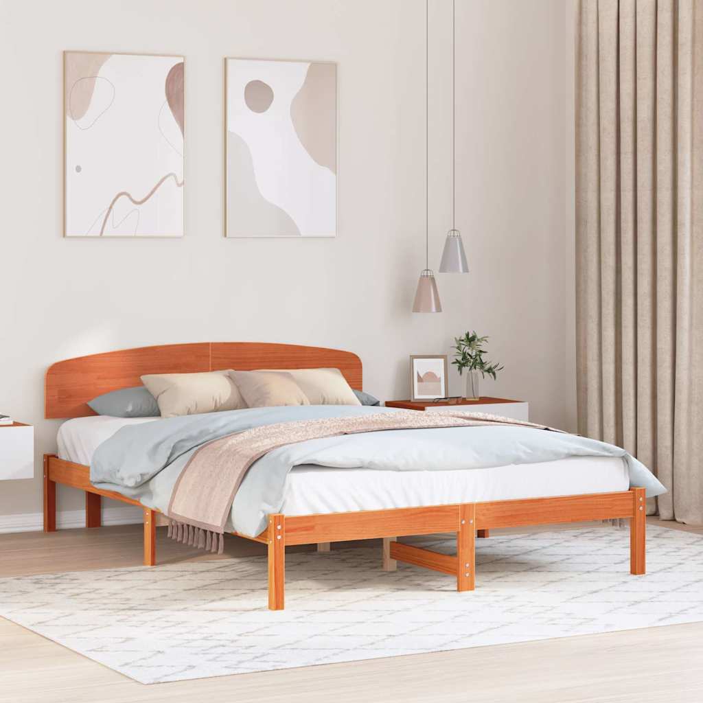 Bed Frame with Headboard Wax Brown 150 x 200 cm Solid Pine Wood