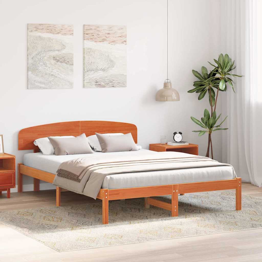 Bed Frame with Headboard Wax Brown 150 x 200 cm Solid Pine Wood
