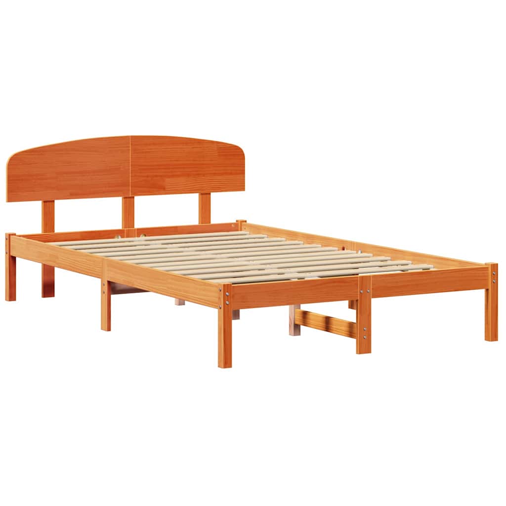 Bed Frame with Headboard Wax Brown 135 x 190 cm Solid Pine Wood