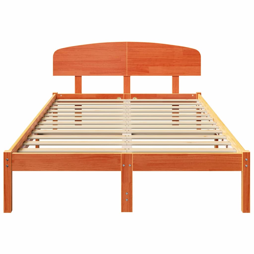 Bed Frame with Headboard Wax Brown 135 x 190 cm Solid Pine Wood