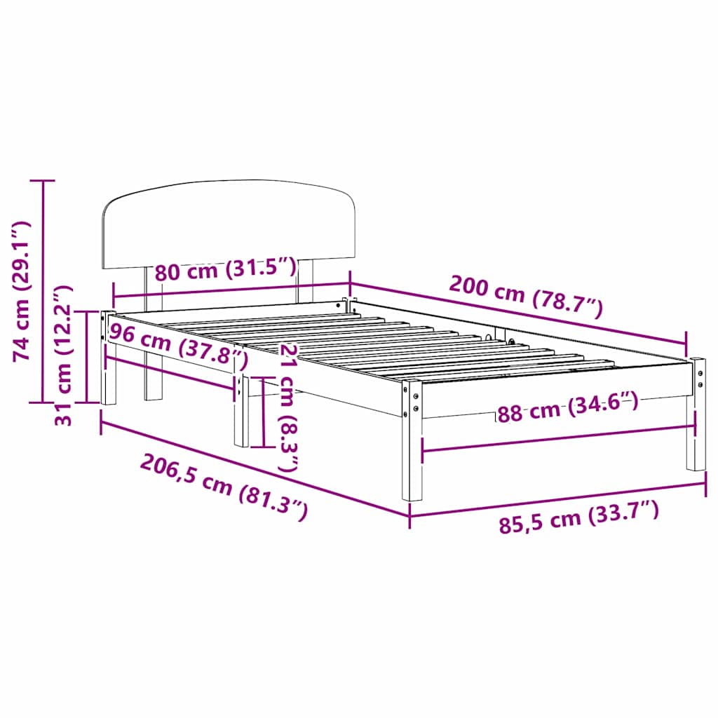 Bed Frame with Headboard White 80 x 200 cm Solid Pine Wood