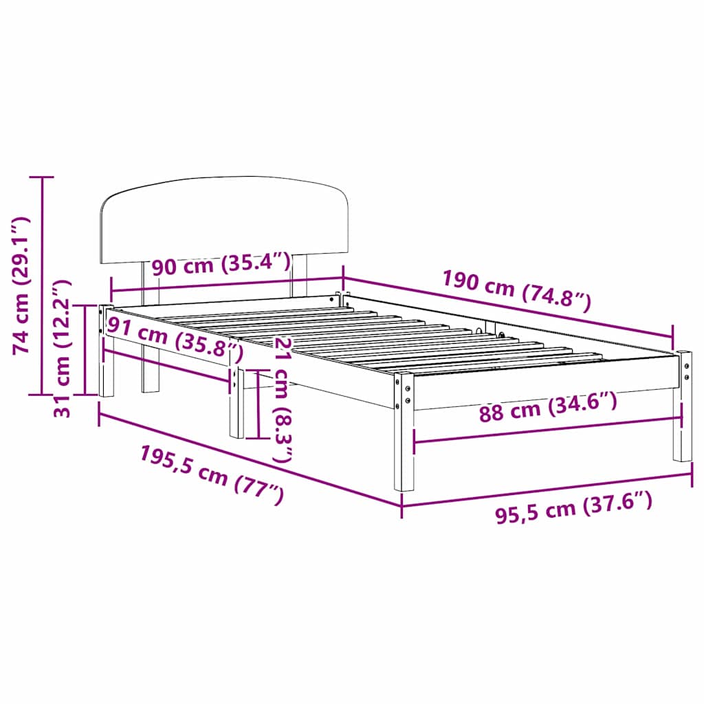 Bed Frame with Headboard Wax Brown 90 x 190 cm Solid Pine Wood