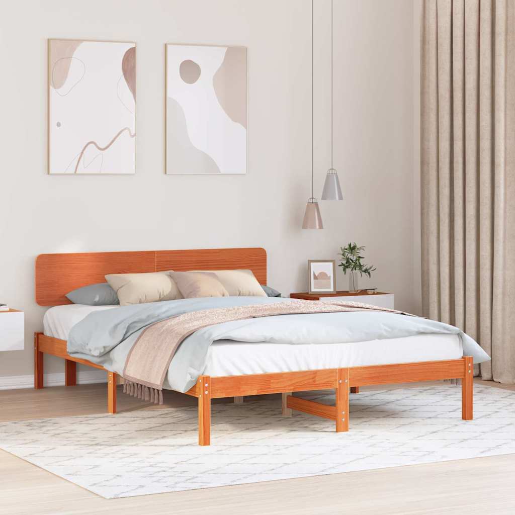 Bed Frame with Headboard Wax Brown 200 x 200 cm Solid Pine Wood