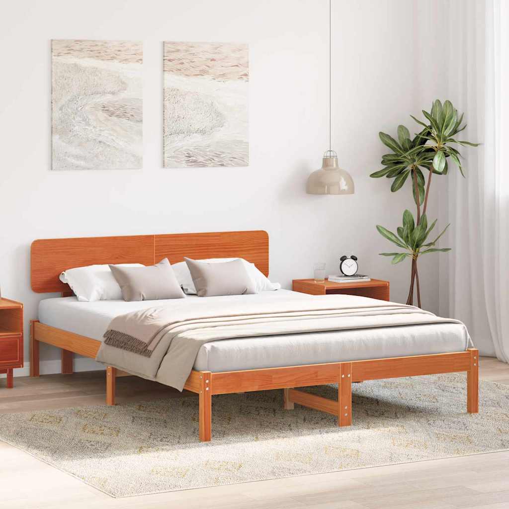 Bed Frame with Headboard Wax Brown 150 x 200 cm Solid Pine Wood