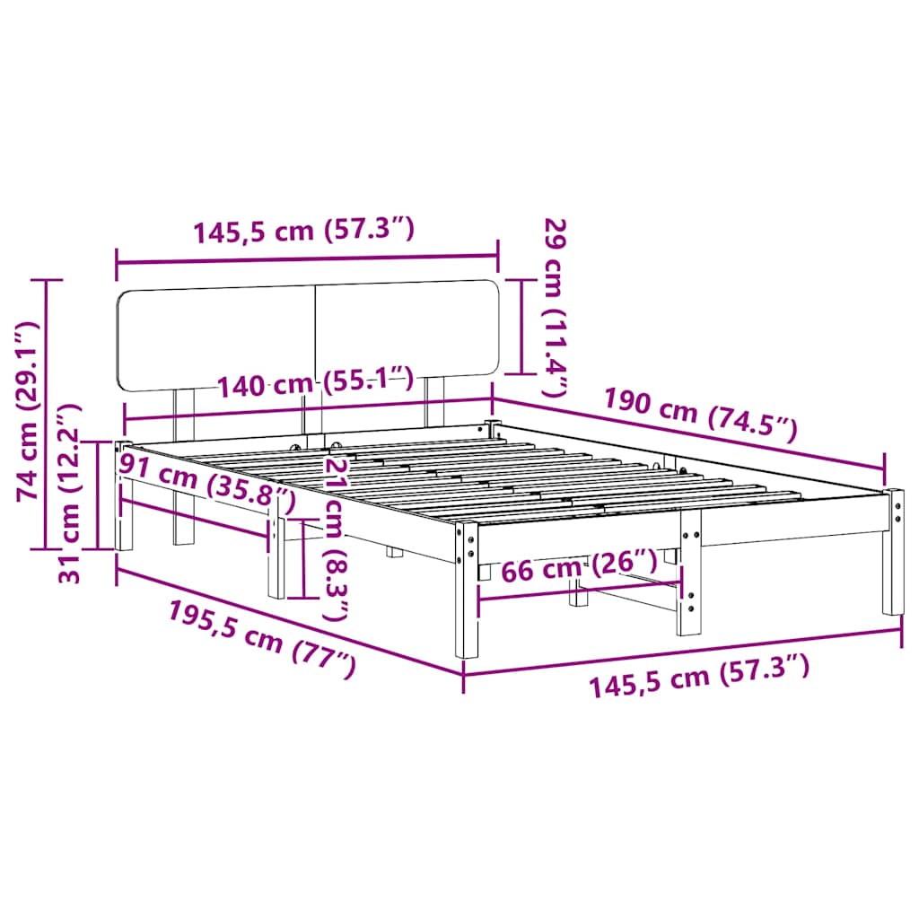Bed Frame with Headboard White 140 x 190 cm Solid Pine Wood