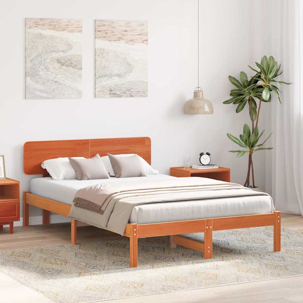 Bed Frame with Headboard Wax Brown 135 x 190 cm Solid Pine Wood