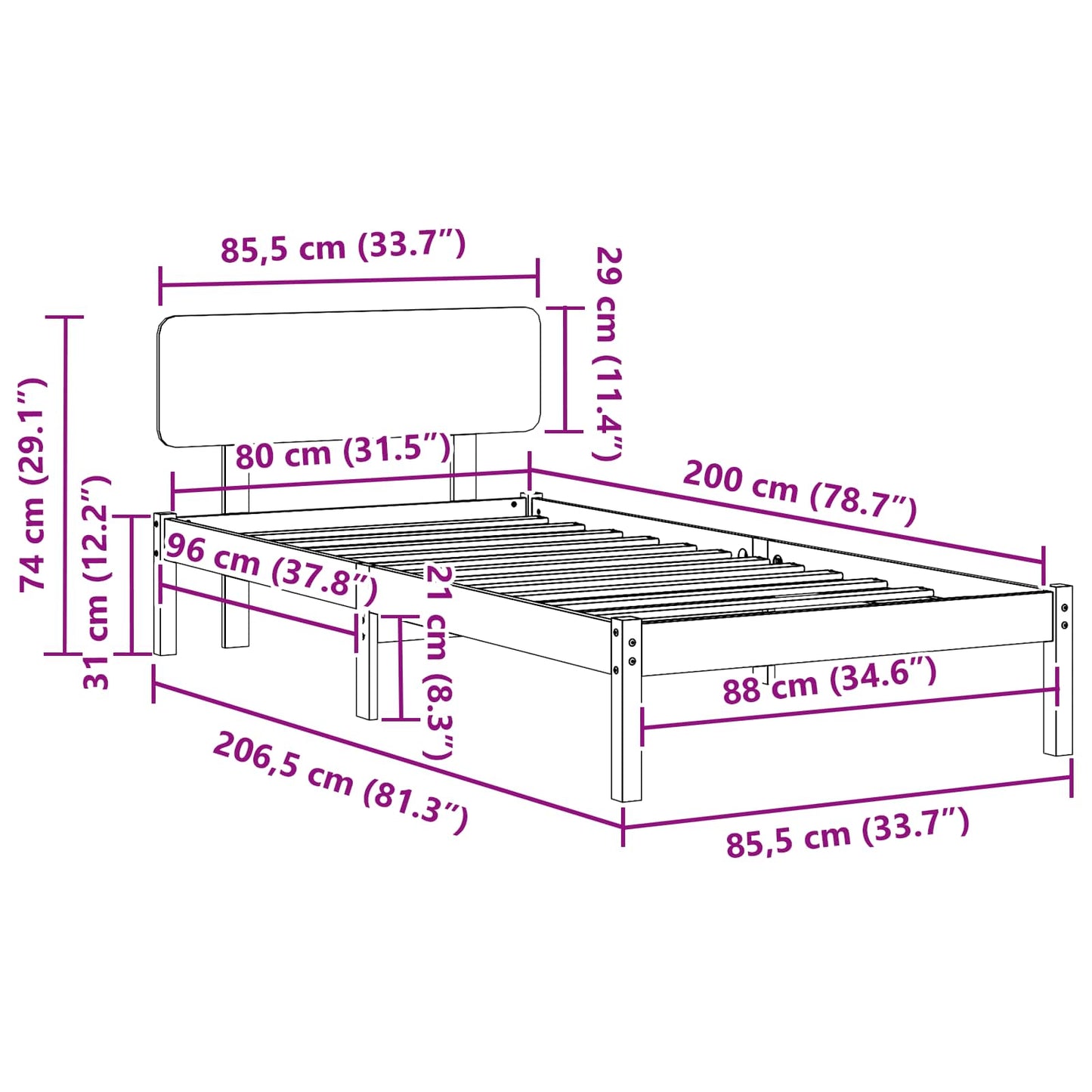 Bed Frame with Headboard White 80 x 200 cm Solid Pine Wood