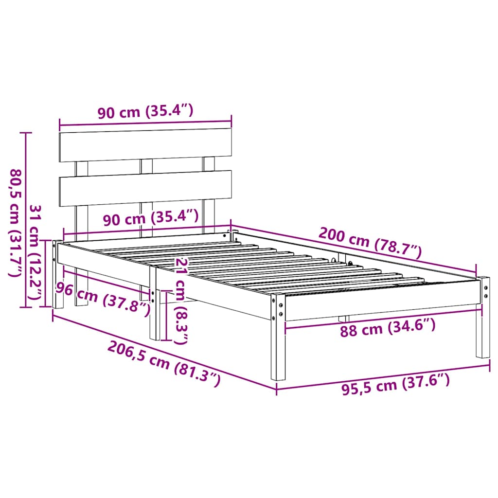 Bed Frame with Headboard White 90 x 200 cm Solid Pine wood