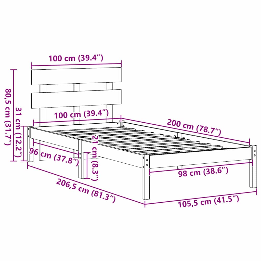 Bed Frame with Headboard White 100 x 200 cm Solid Pine wood
