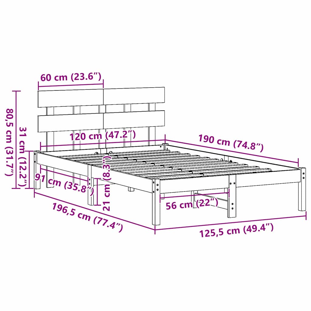 Bed Frame with Headboard White 120 x 190 cm Solid Pine wood