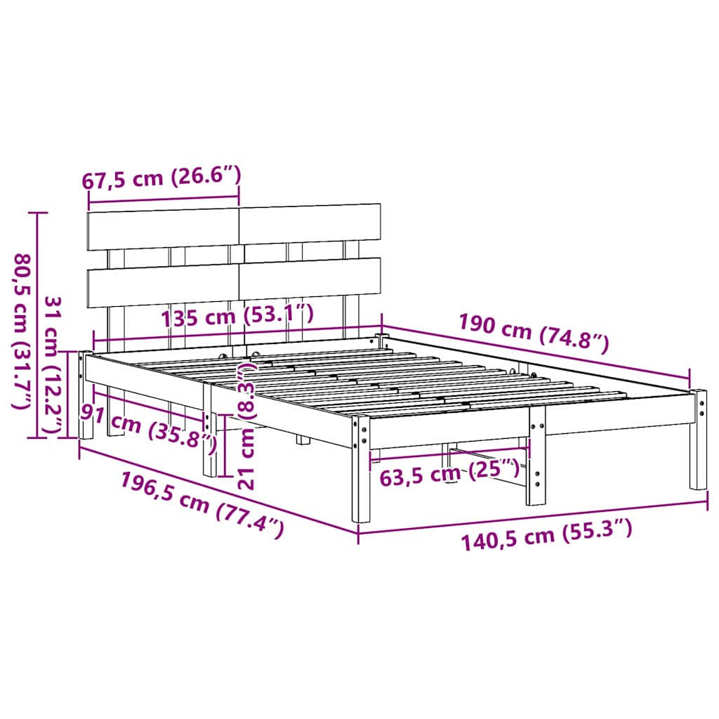 Bed Frame with Headboard Brown 135 x 190 cm Solid Pine wood