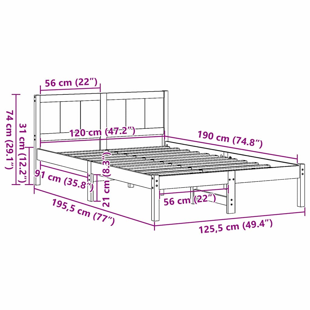 Bed Frame White 120 x 190 cm Solid Pine wood