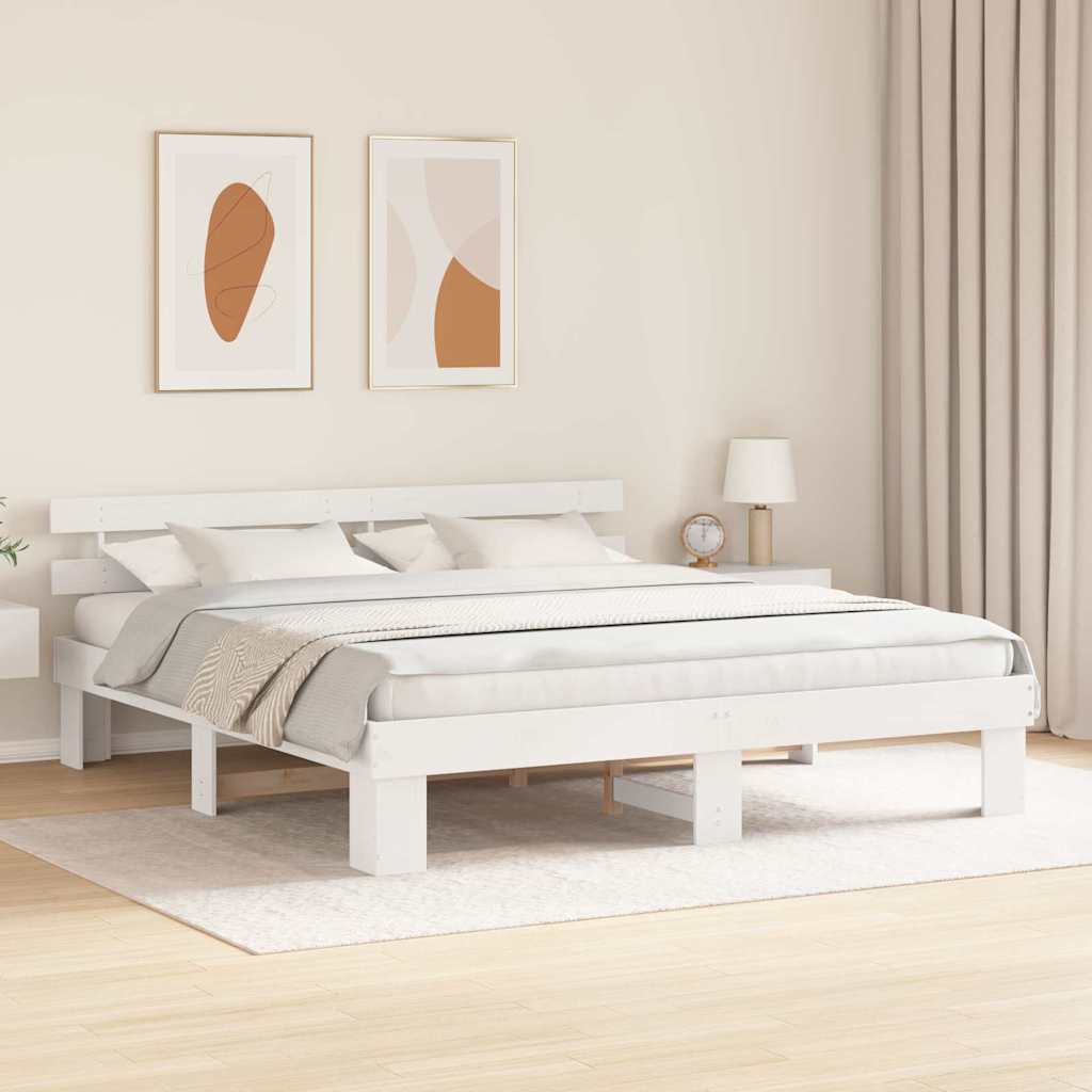 Bed Frame with Headboard White 200 x 200 cm Solid Pine Wood