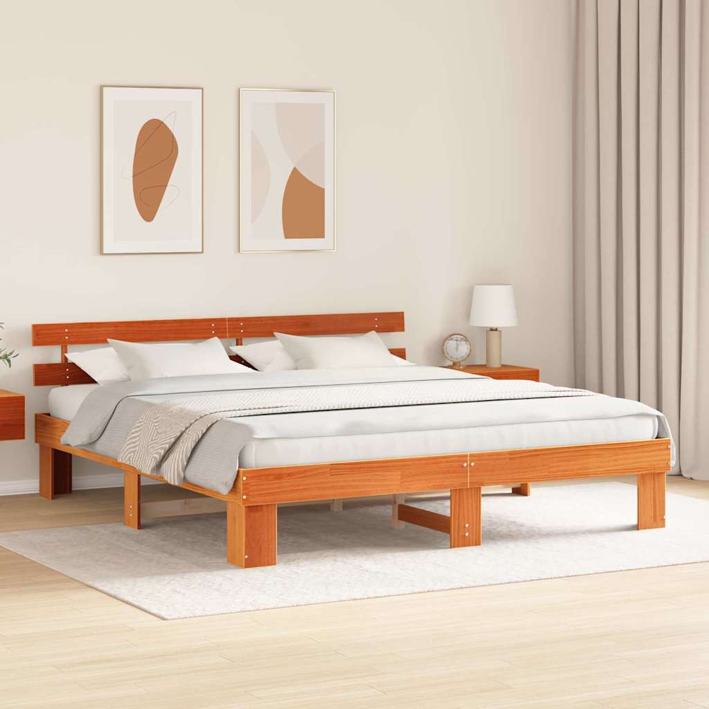 Bed Frame with Headboard Wax Brown 180 x 200 cm Solid Pine Wood