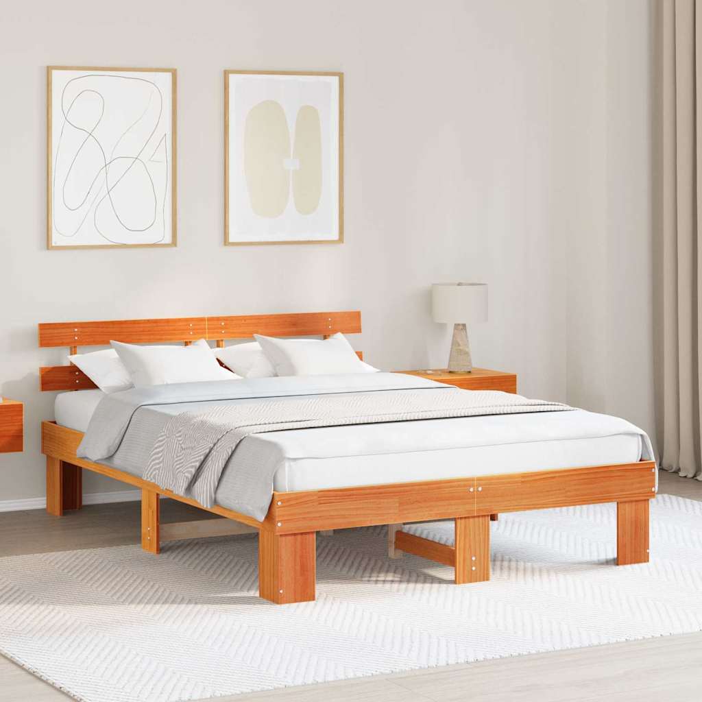 Bed Frame with Headboard Wax Brown 160 x 200 cm Solid Pine Wood