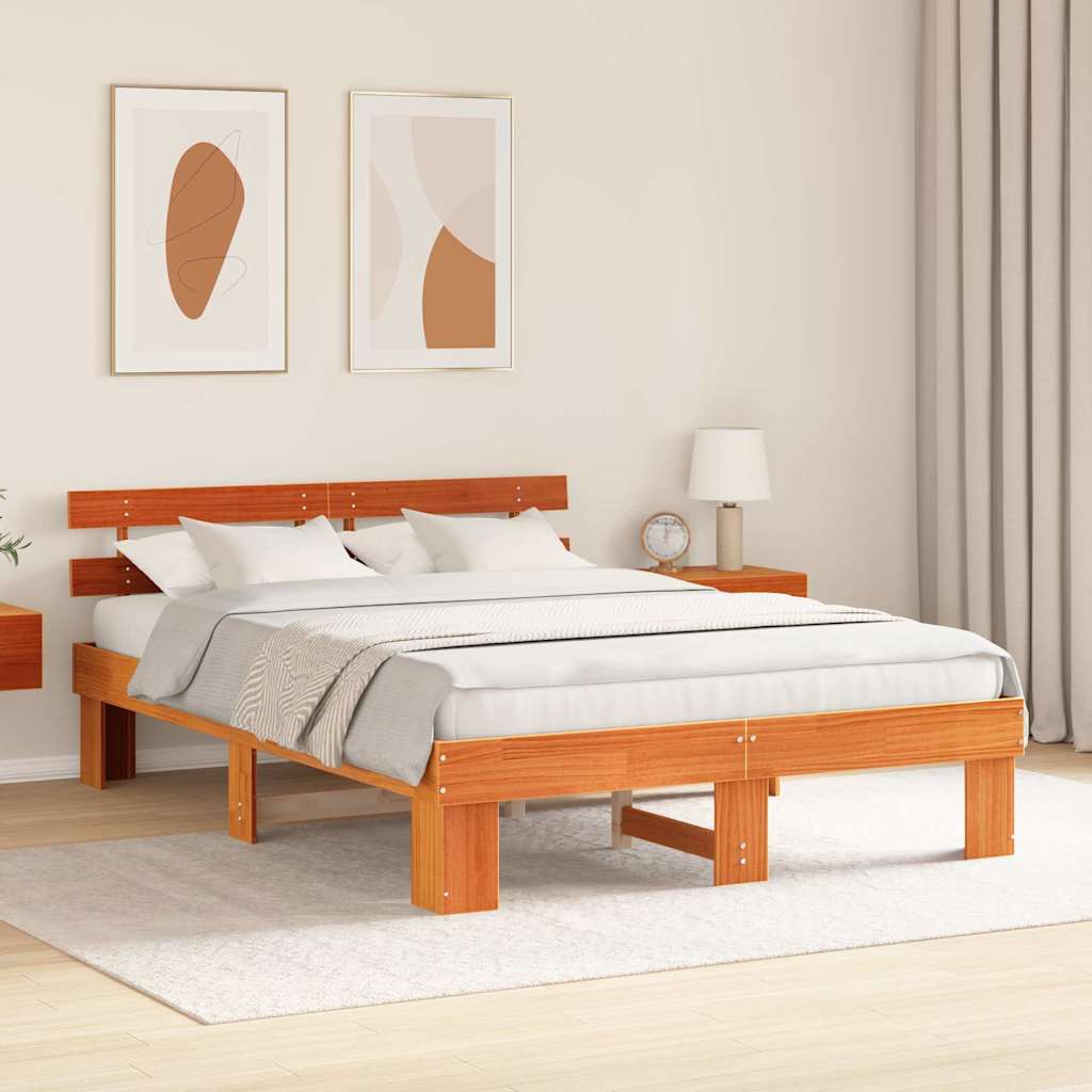 Bed Frame with Headboard Wax Brown 160 x 200 cm Solid Pine Wood