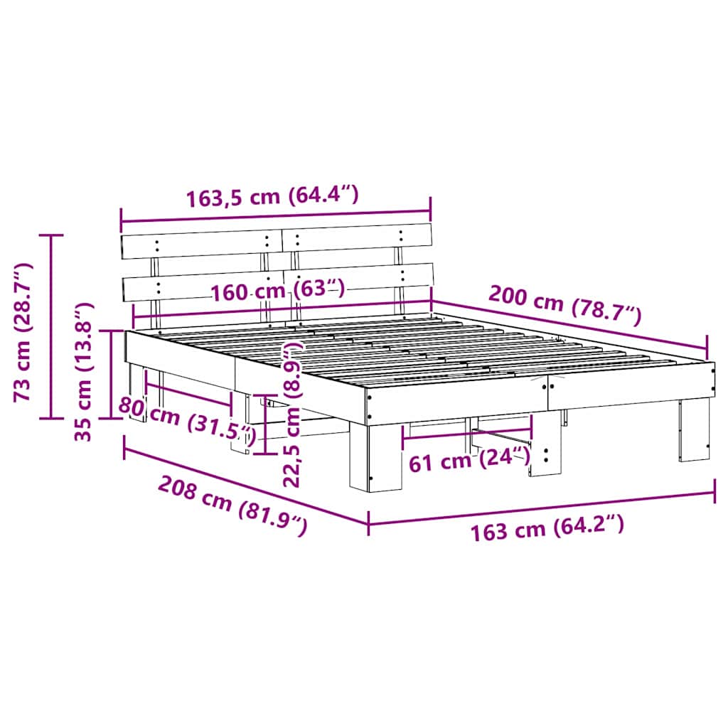 Bed Frame with Headboard Wax Brown 160 x 200 cm Solid Pine Wood