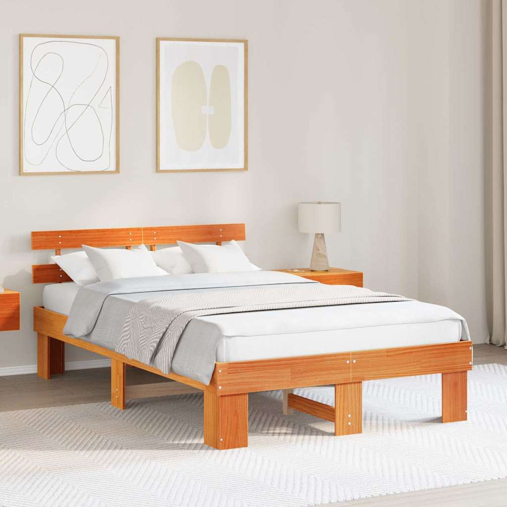 Bed Frame with Headboard Wax Brown 140 x 190 cm Solid Pine Wood