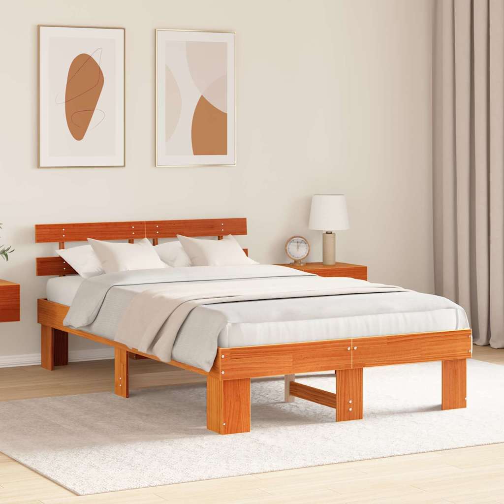Bed Frame with Headboard Wax Brown 140 x 190 cm Solid Pine Wood