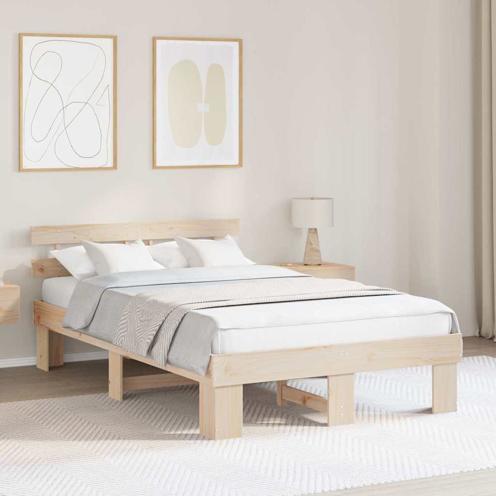 Bed Frame with Headboard Natural 135 x 190 cm Solid Pine Wood