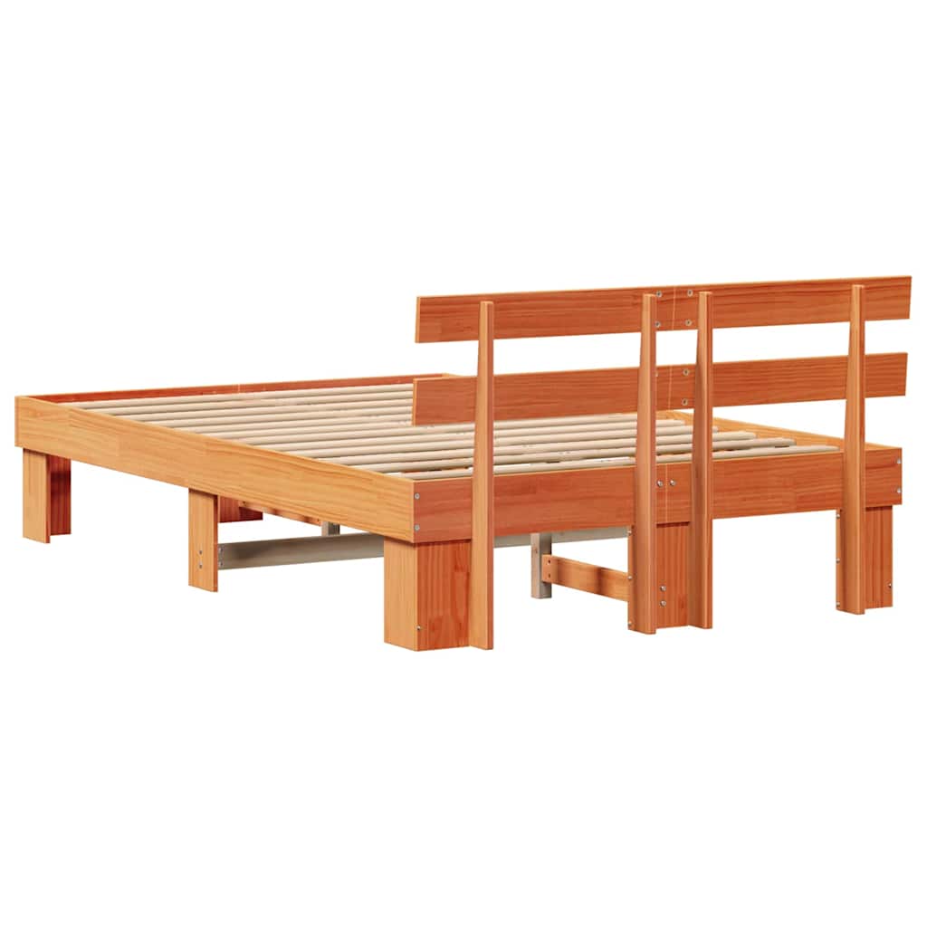 Bed Frame with Headboard Wax Brown 135 x 190 cm Solid Pine Wood