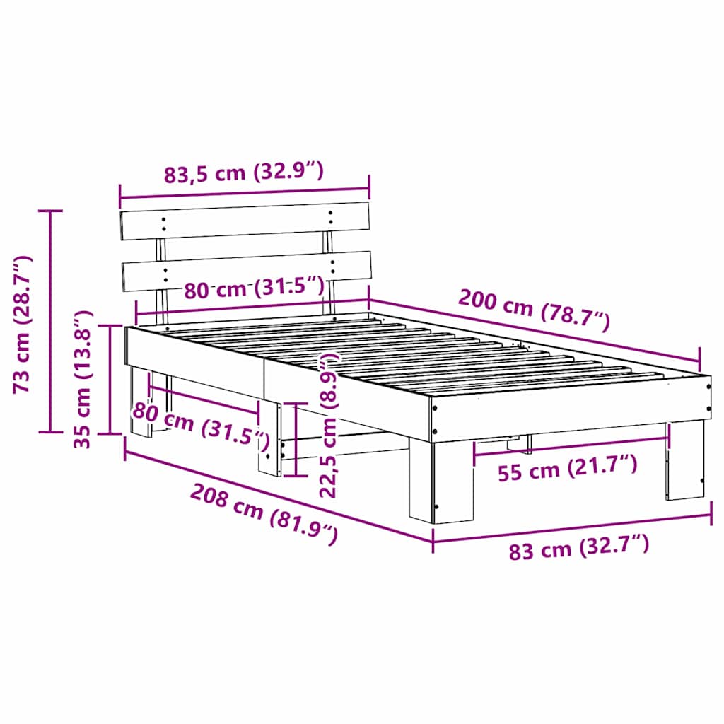 Bed Frame with Headboard Natural 80 x 200 cm Solid Pine Wood