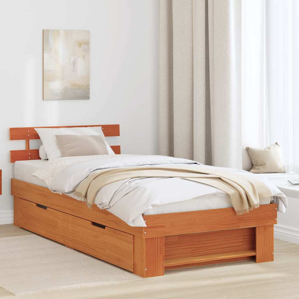 Bed Frame with Headboard Wax Brown 100 x 200 cm Solid Pine Wood