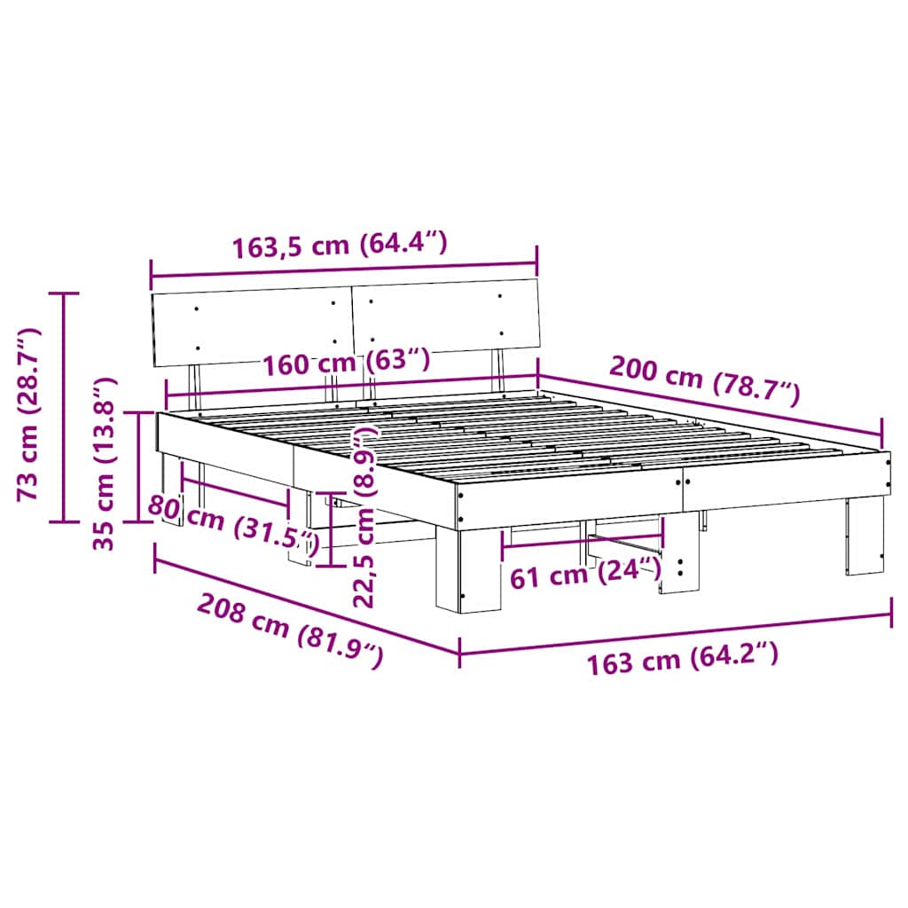 Bed Frame with Headboard Wax Brown 160 x 200 cm Solid Pine Wood
