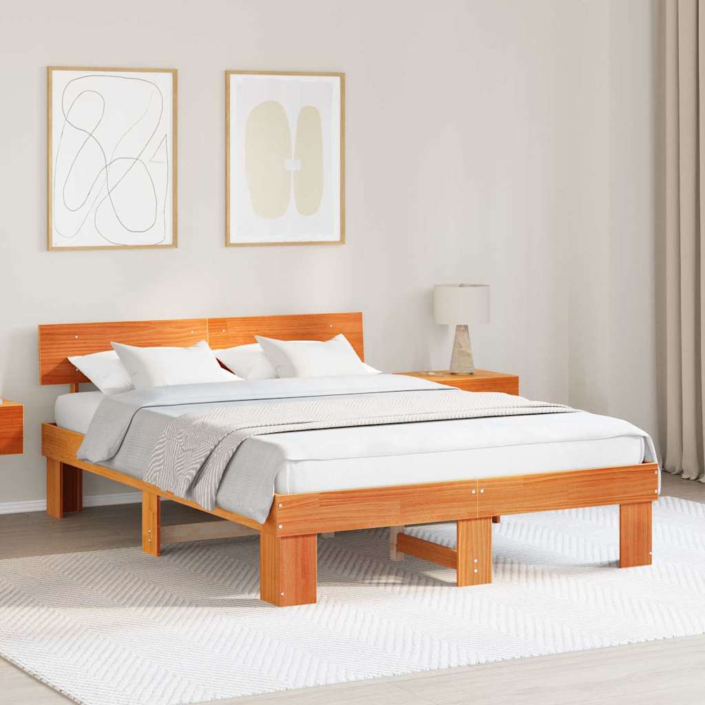 Bed Frame with Headboard Wax Brown 150 x 200 cm Solid Pine Wood