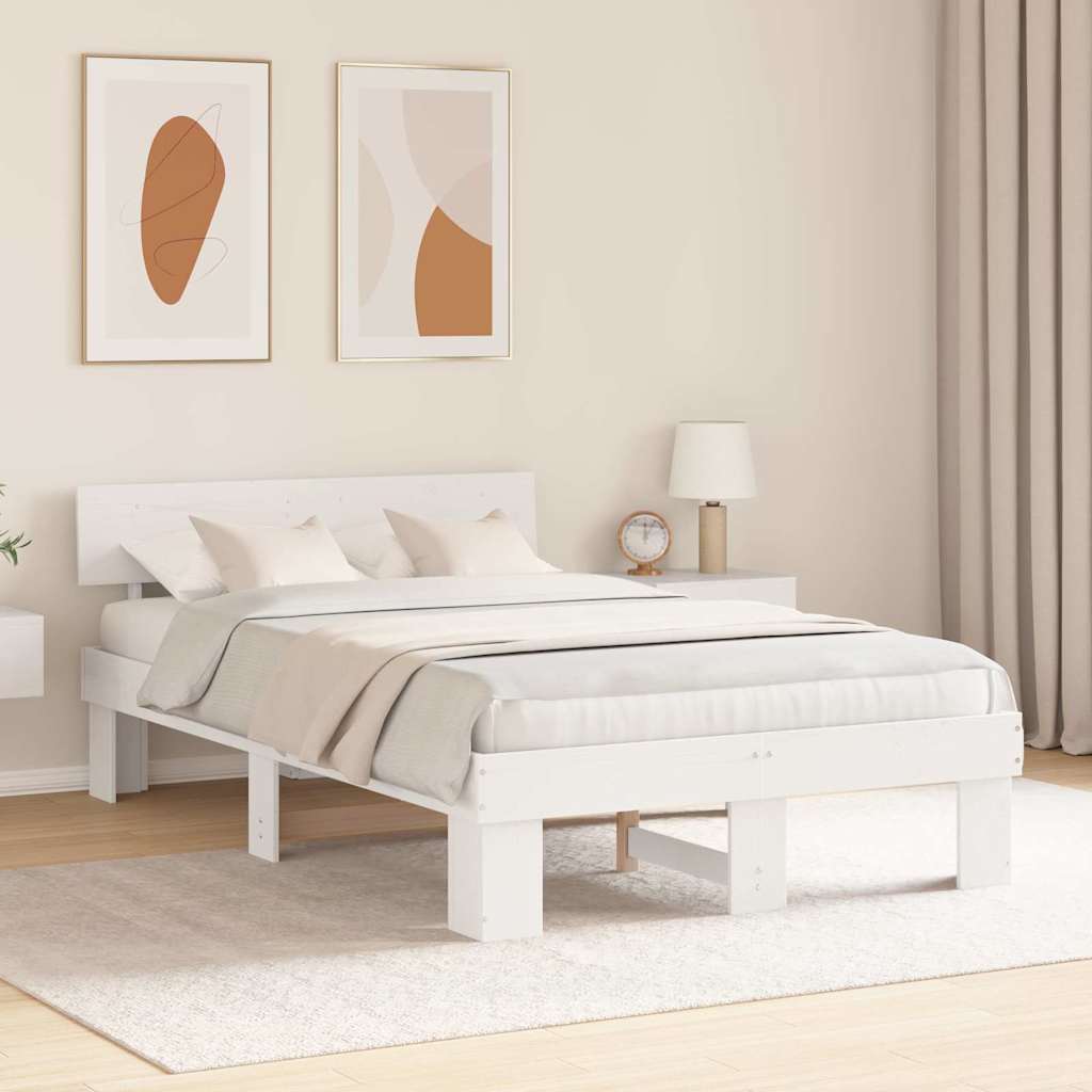 Bed Frame with Headboard White 135 x 190 cm Solid Pine Wood