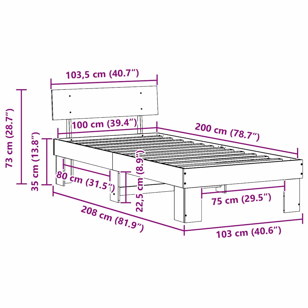 Bed Frame with Headboard Wax Brown 100 x 200 cm Solid Pine Wood