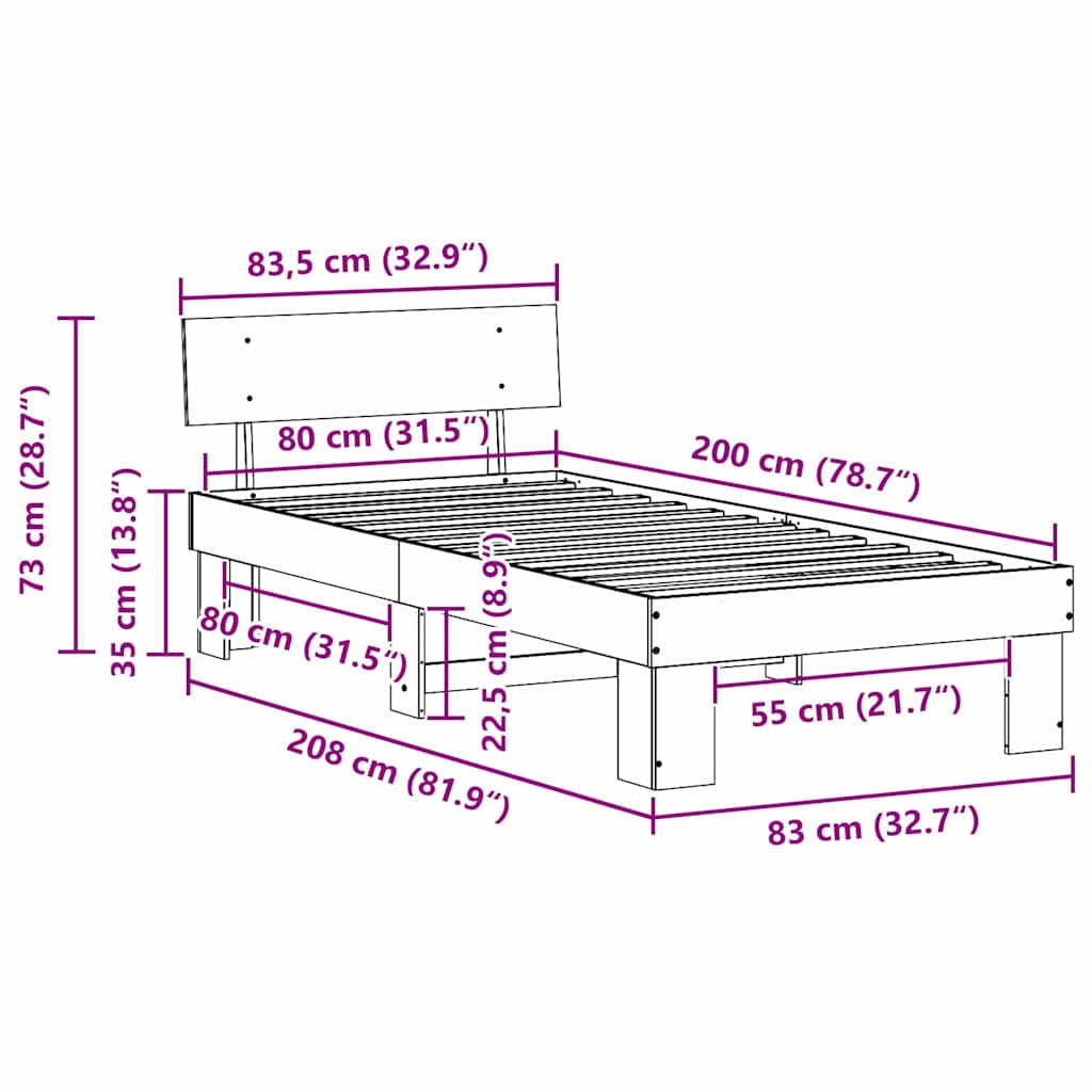 Bed Frame with Headboard White 80 x 200 cm Solid Pine Wood