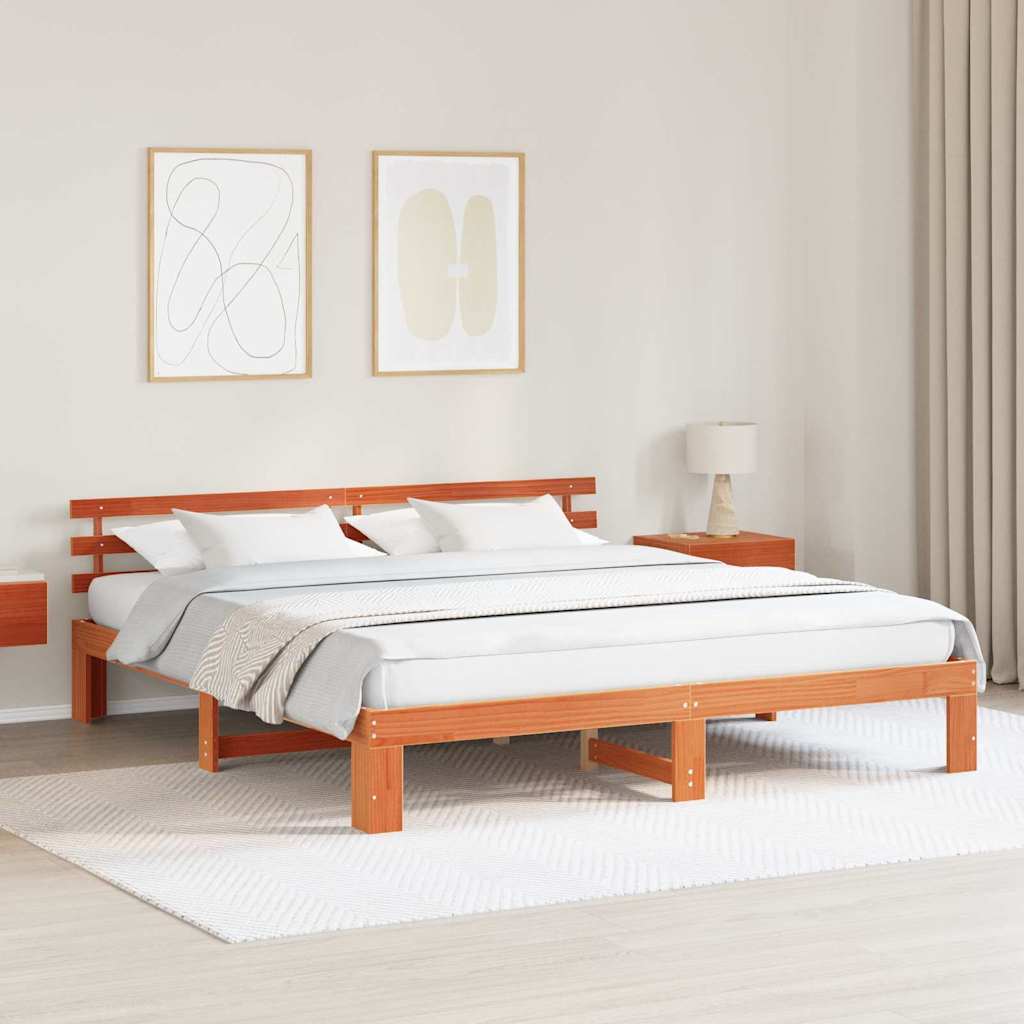 Bed Frame with Headboard Wax Brown 200 x 200 cm Solid Pine Wood