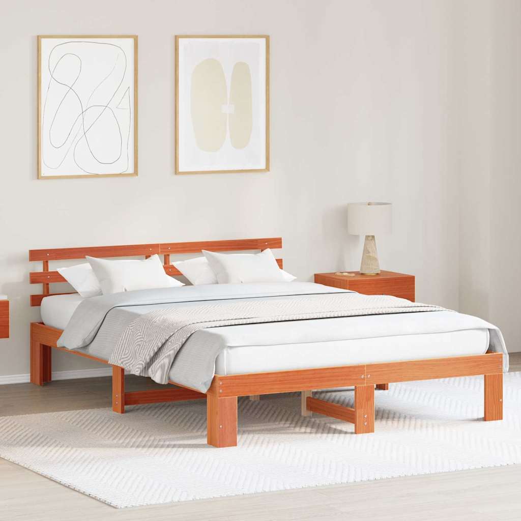 Bed Frame with Headboard Wax Brown 150 x 200 cm Solid Pine Wood