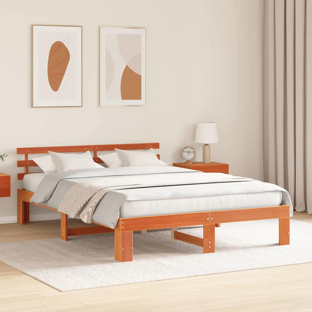 Bed Frame with Headboard Wax Brown 150 x 200 cm Solid Pine Wood
