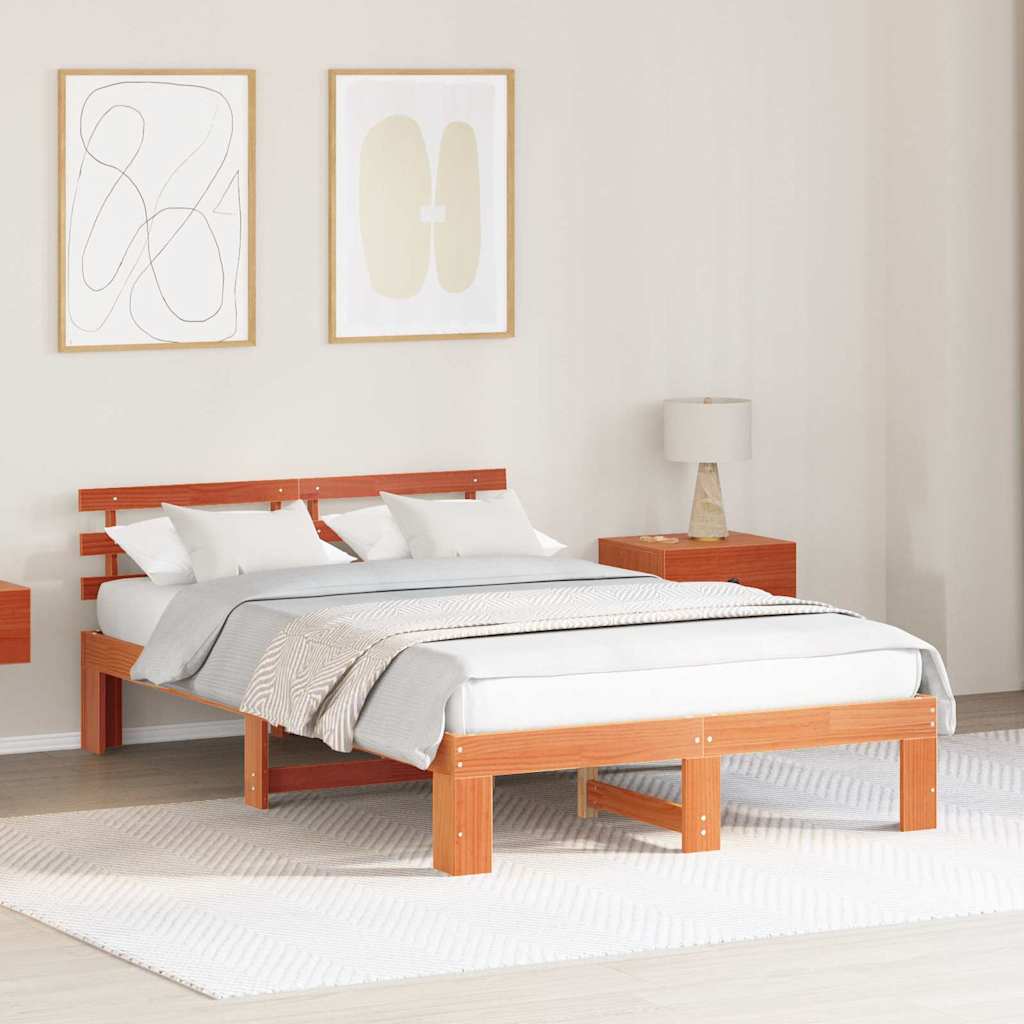 Bed Frame with Headboard Wax Brown 120 x 200 cm Solid Pine Wood