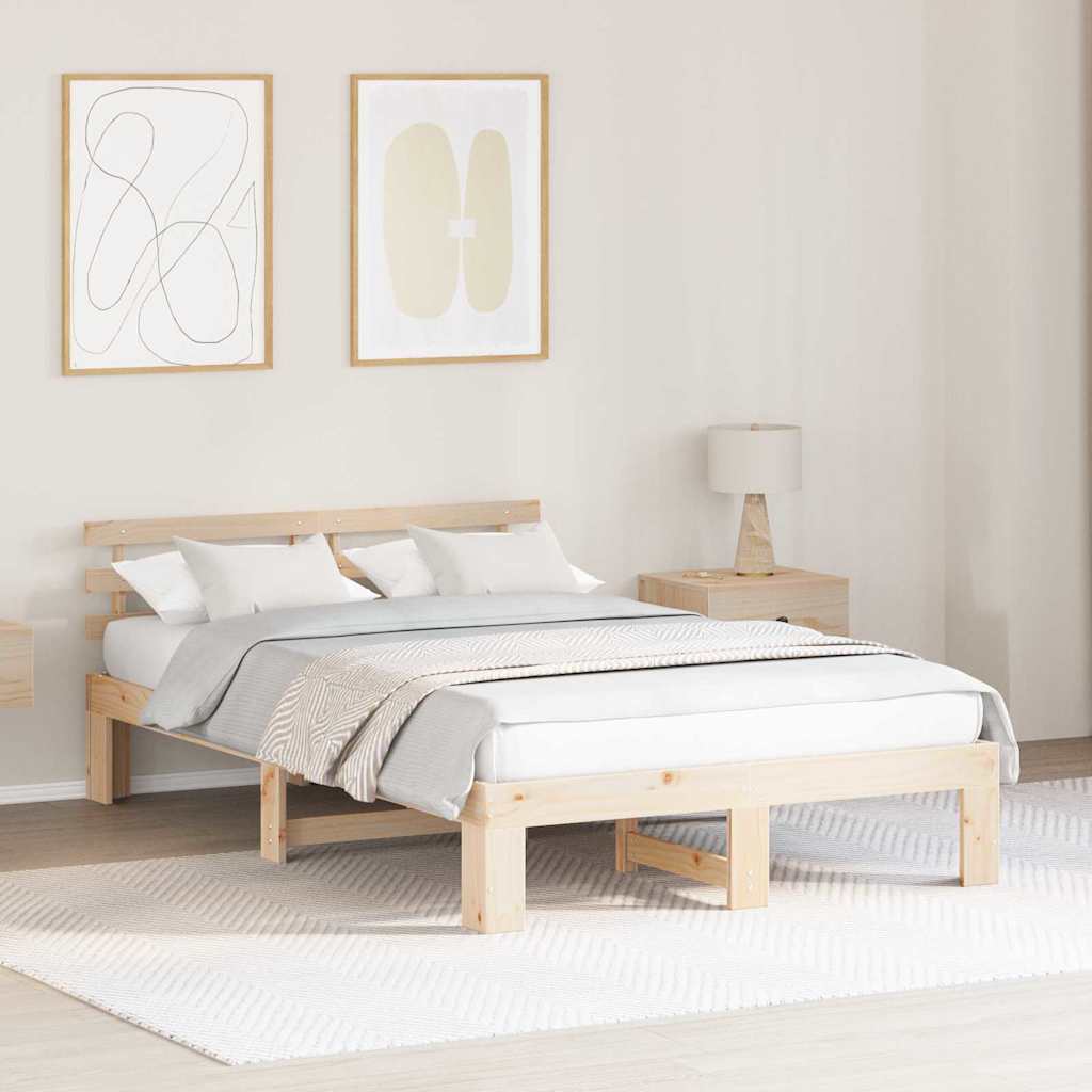 Bed Frame with Headboard Natural 140 x 190 cm Solid Pine Wood