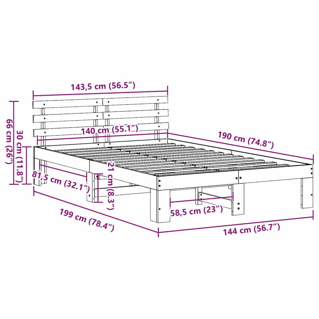 Bed Frame with Headboard Natural 140 x 190 cm Solid Pine Wood
