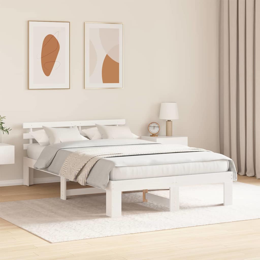Bed Frame with Headboard White 135 x 190 cm Solid Pine Wood