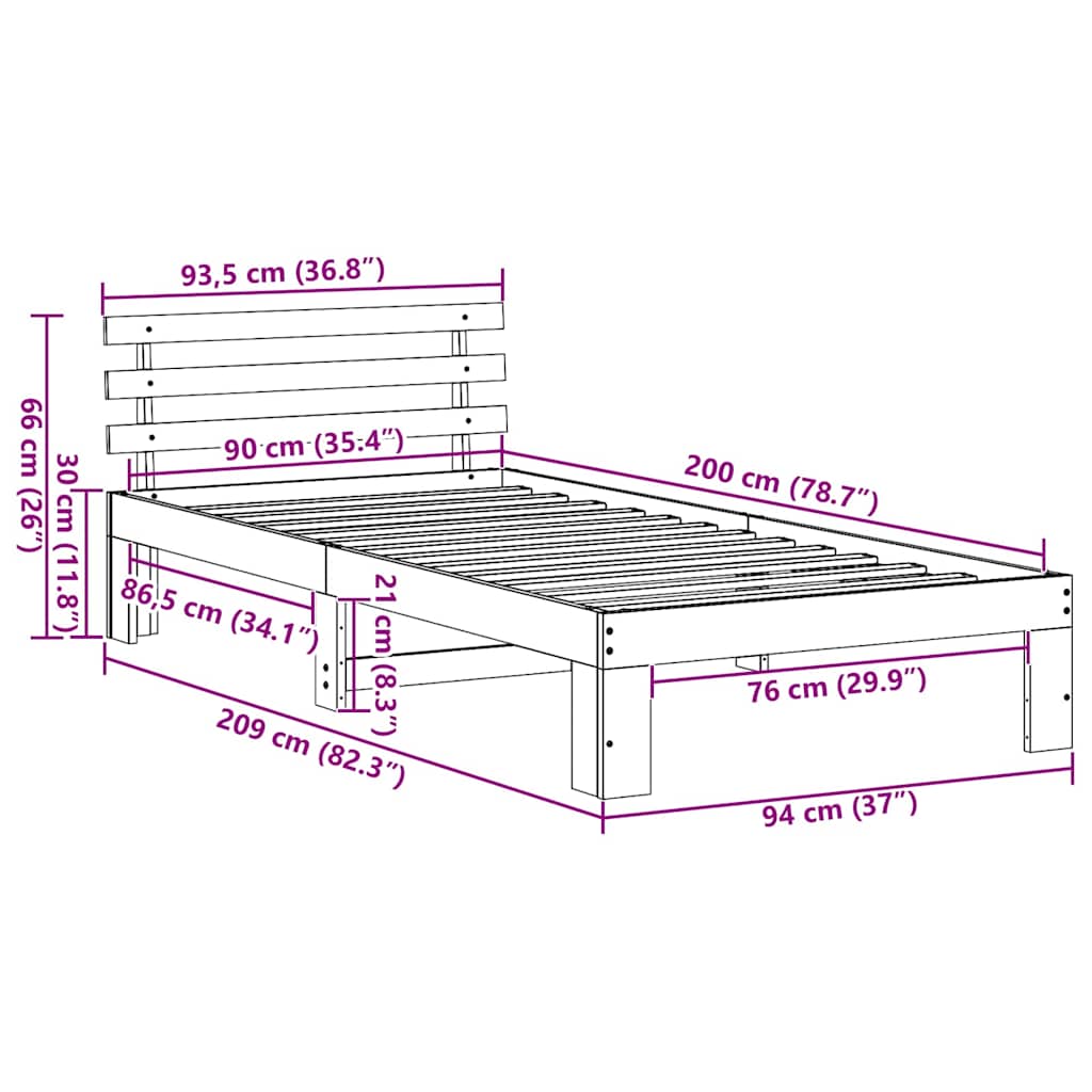Bed Frame with Headboard White 90 x 200 cm Solid Pine Wood
