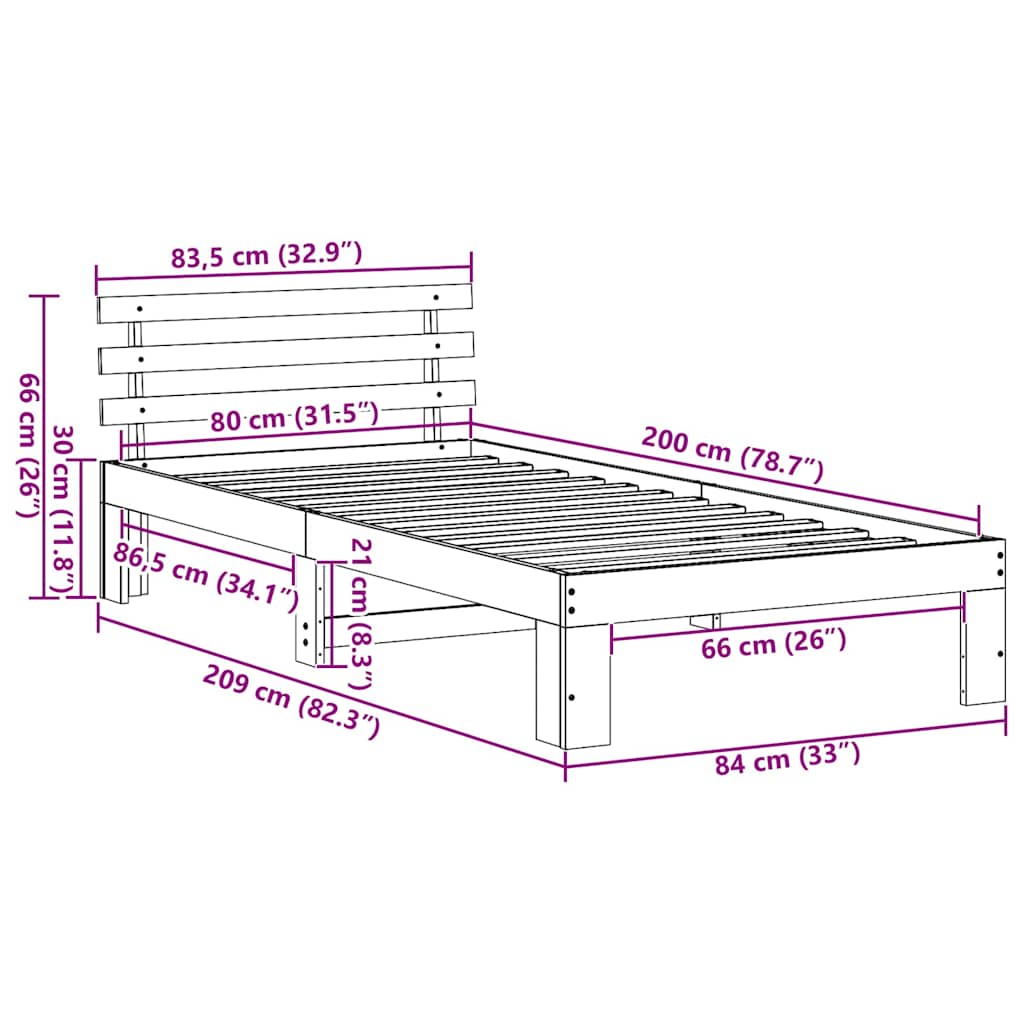 Bed Frame with Headboard Wax Brown 80 x 200 cm Solid Pine Wood