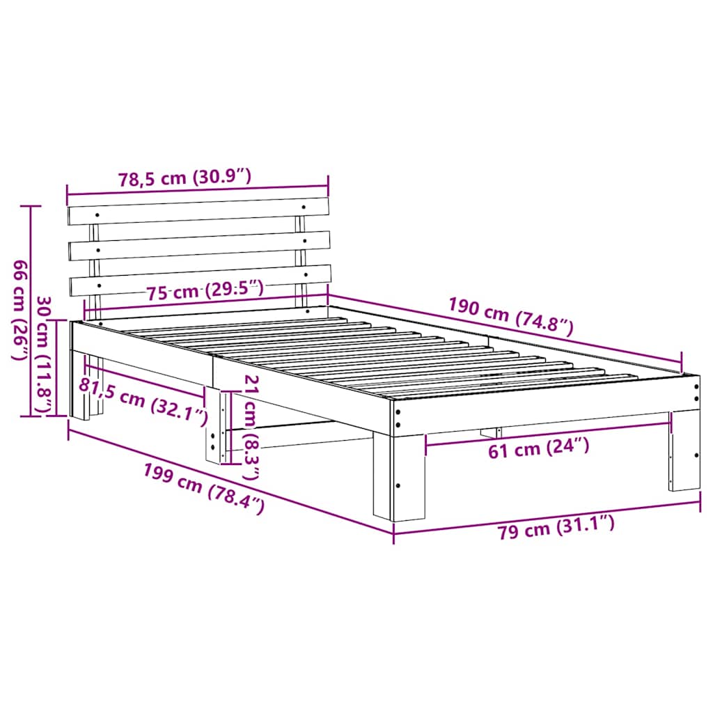Bed Frame with Headboard Wax Brown 75 x 190 cm Solid Pine Wood