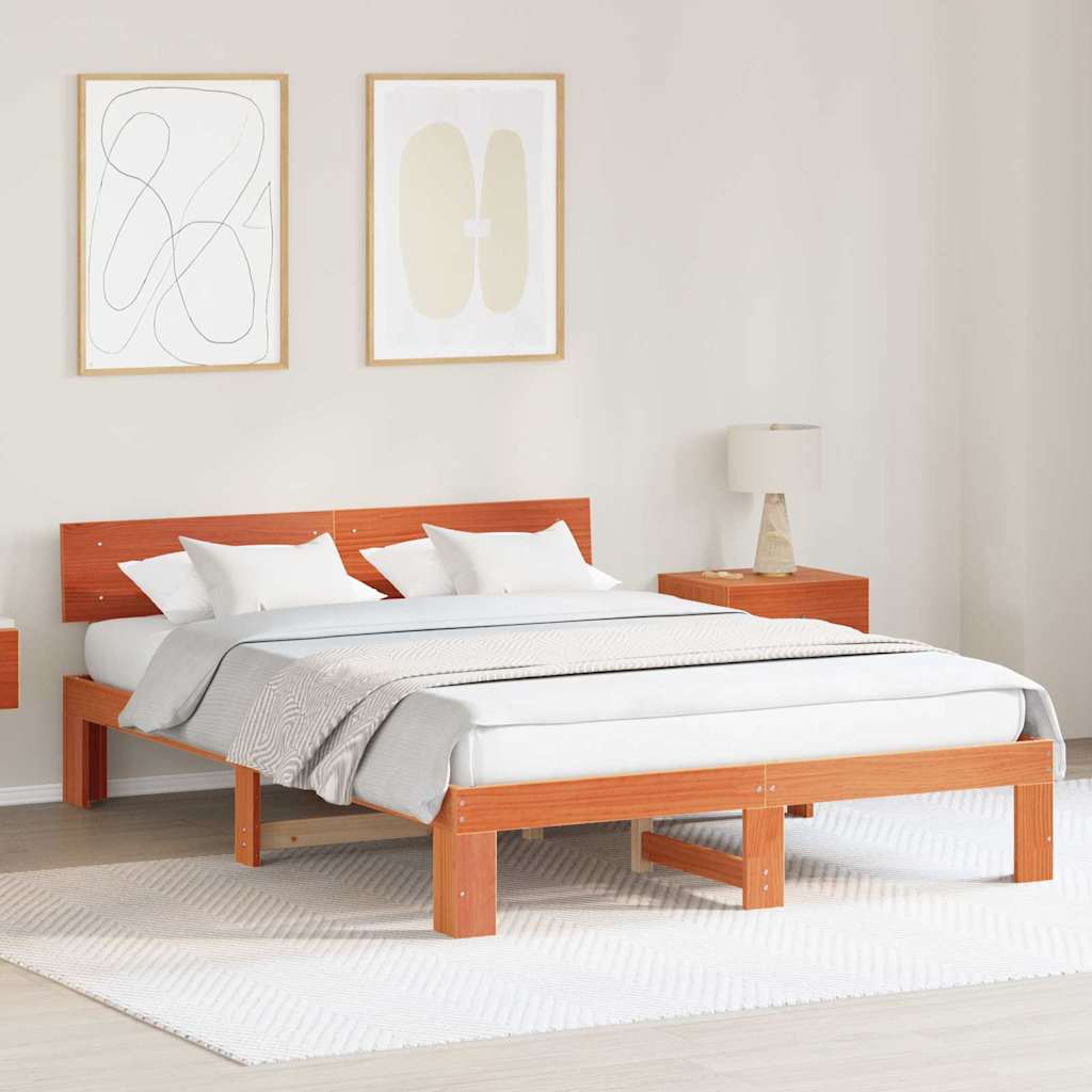 Bed Frame with Headboard Wax Brown 160 x 200 cm Solid Pine Wood