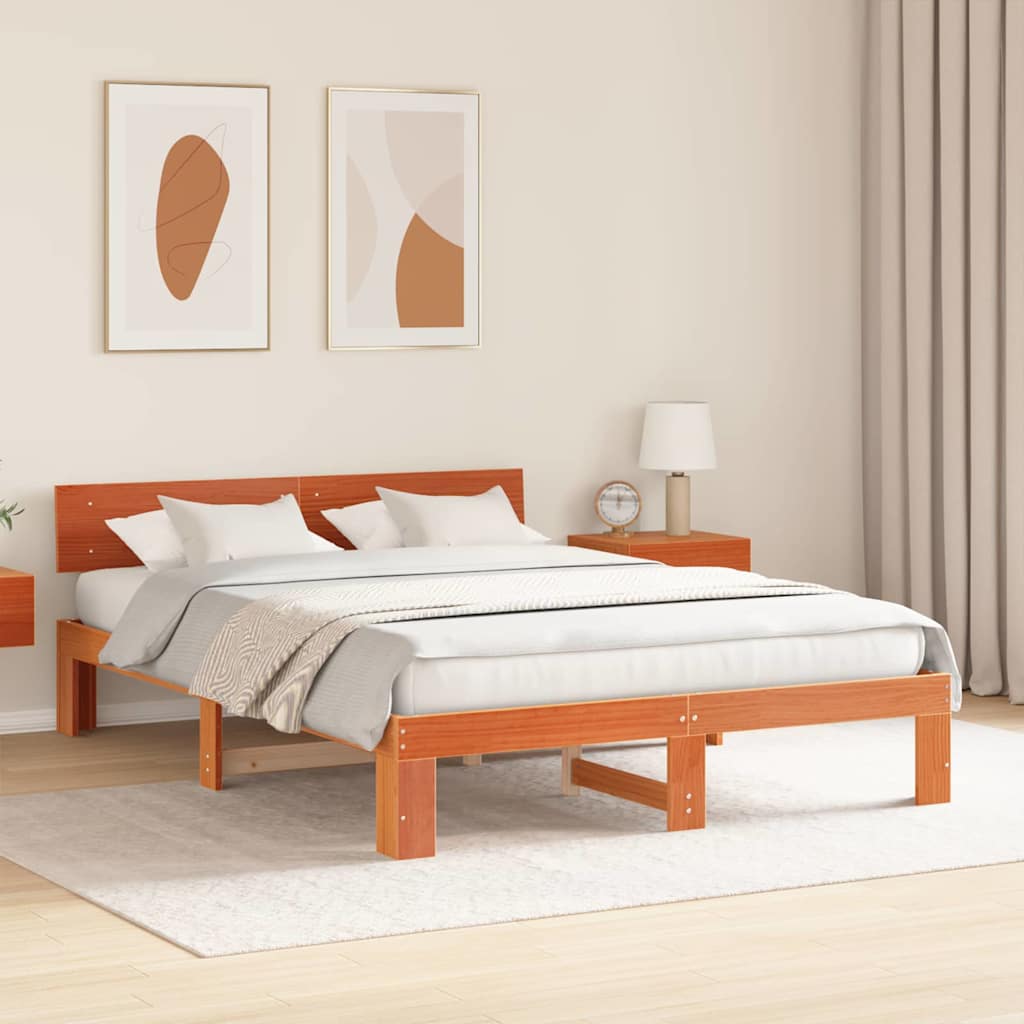 Bed Frame with Headboard Wax Brown 160 x 200 cm Solid Pine Wood