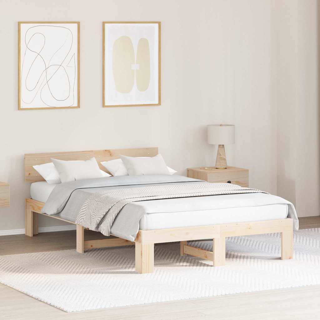 Bed Frame with Headboard Natural 135 x 190 cm Solid Pine Wood
