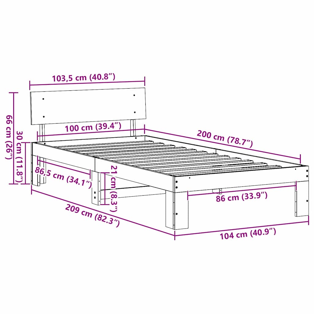 Bed Frame with Headboard White 100 x 200 cm Solid Pine Wood