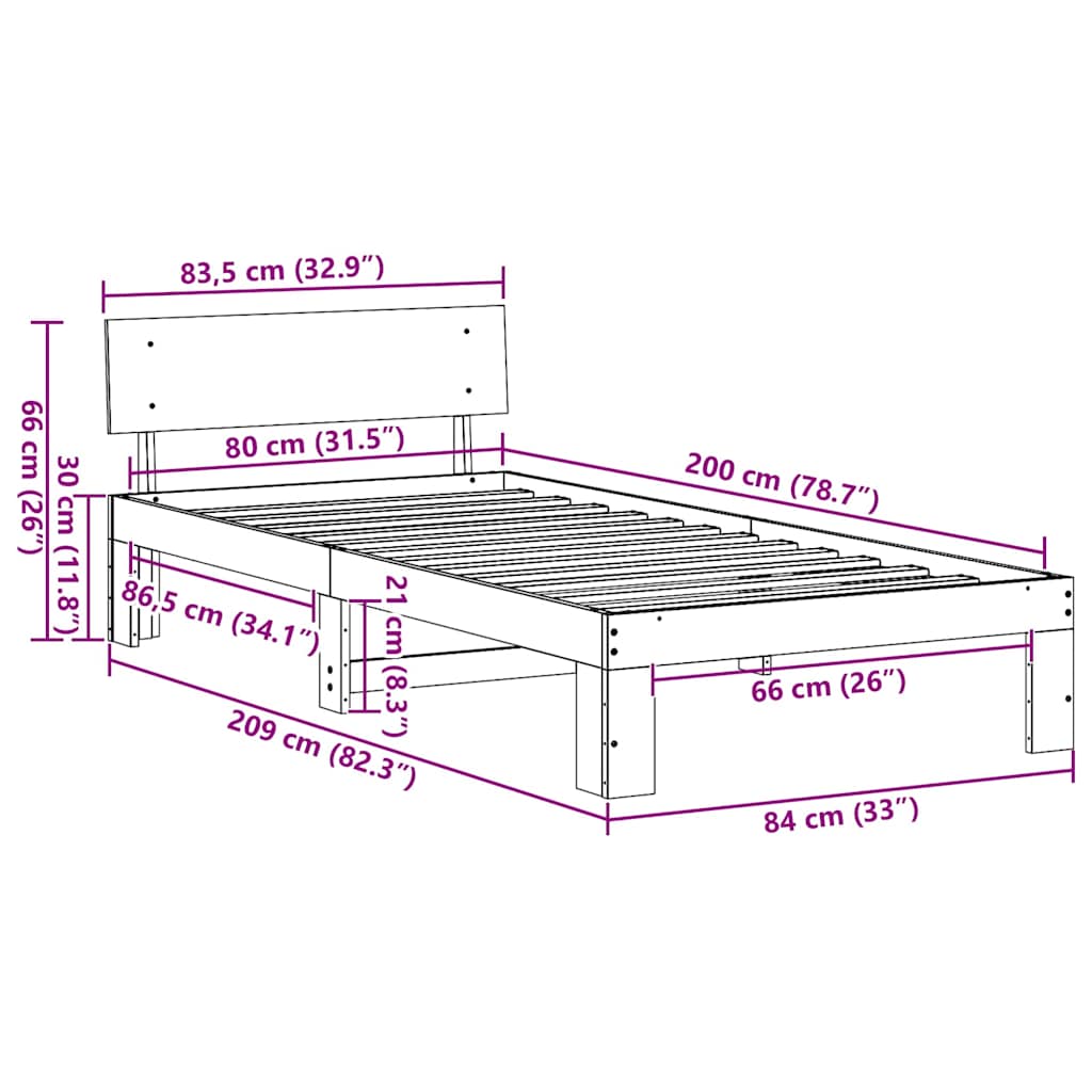 Bed Frame with Headboard White 80 x 200 cm Solid Pine Wood