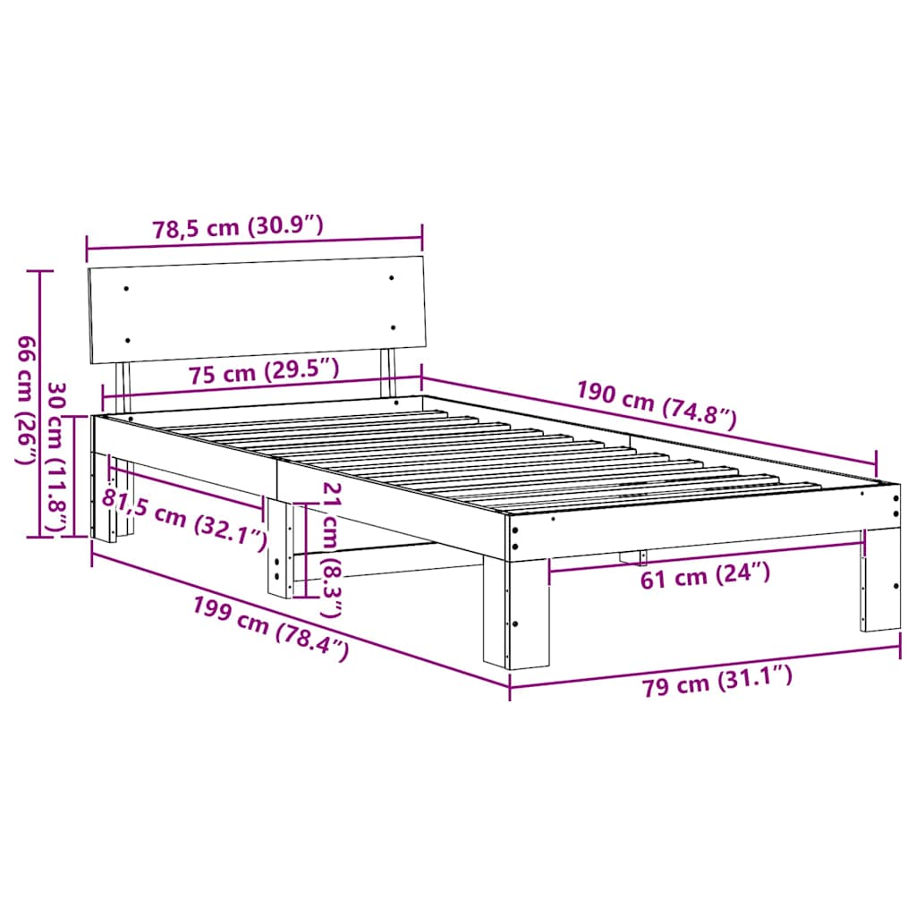 Bed Frame with Headboard White 75 x 190 cm Solid Pine Wood
