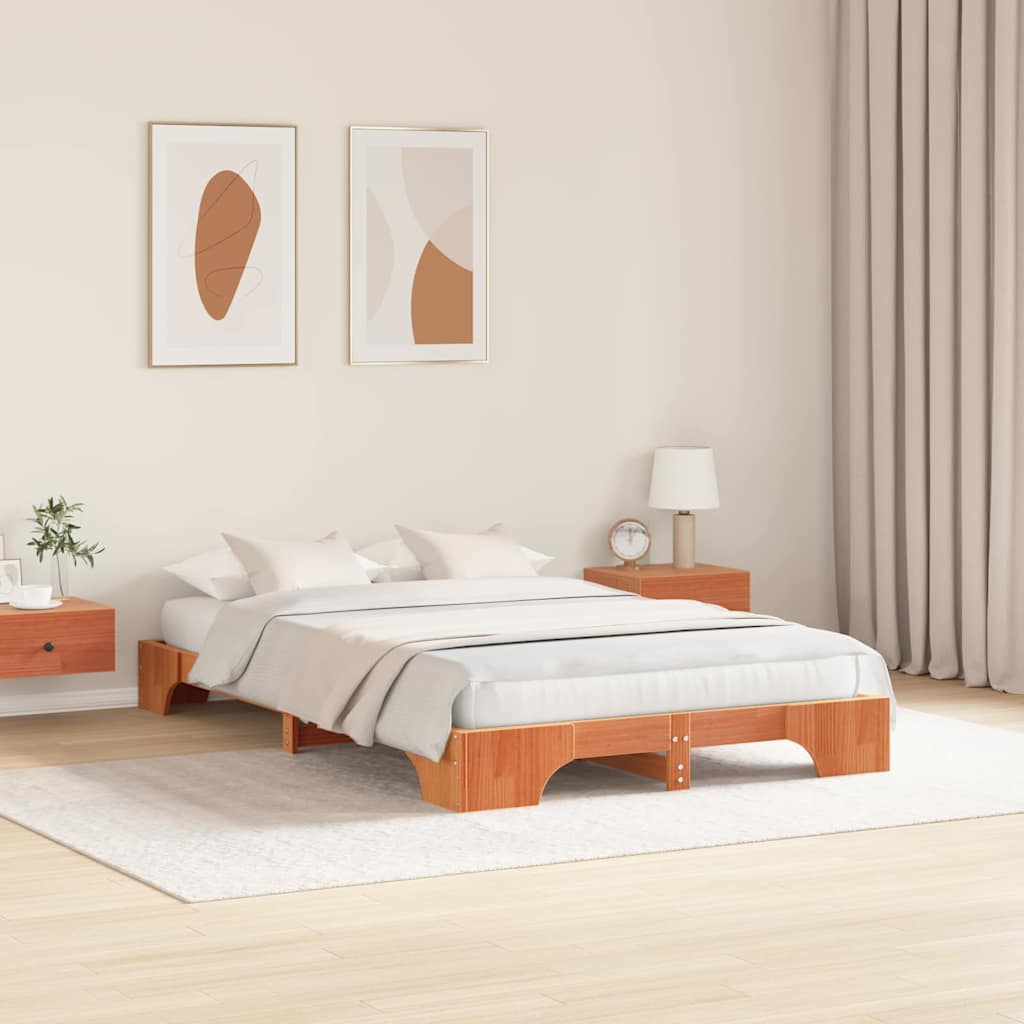 Bed Frame Wax Brown 135 x 190 cm Solid Pine Wood