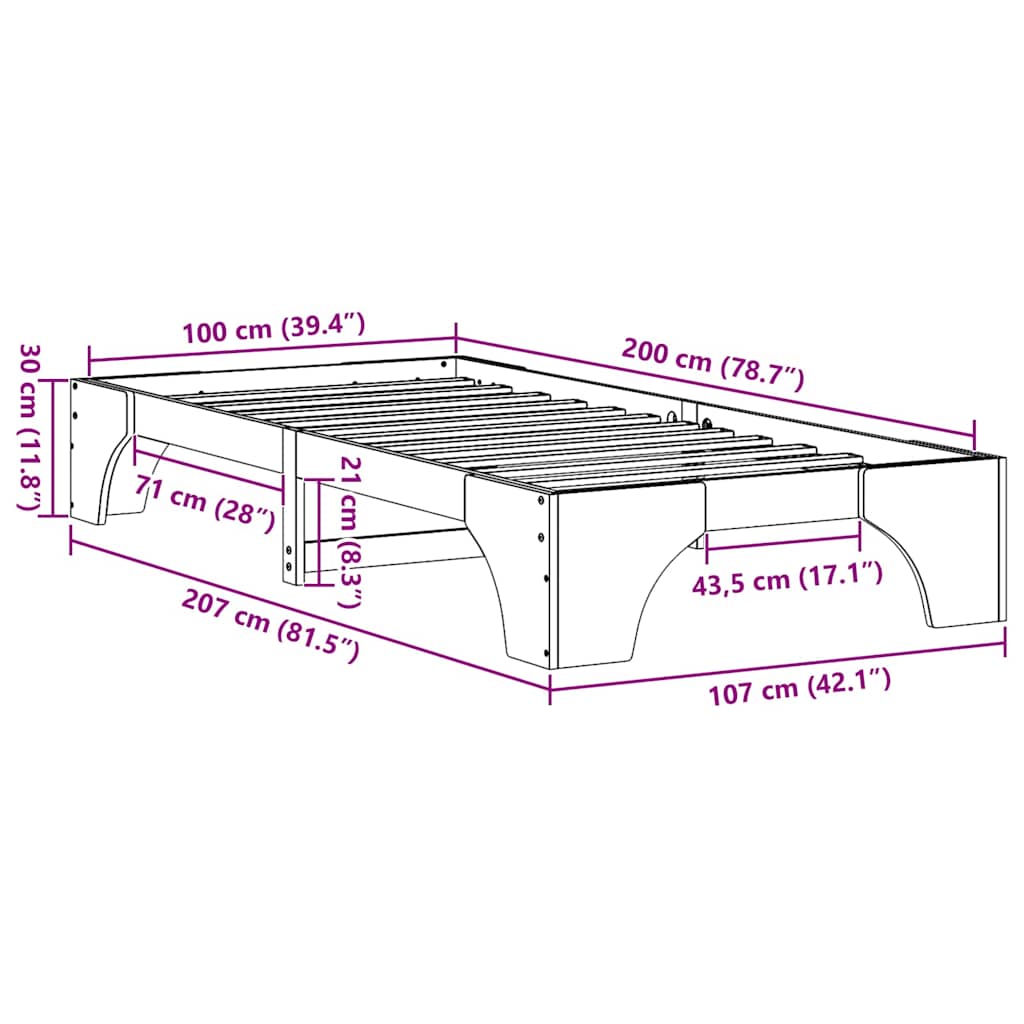 Bed Frame White 100 x 200 cm Solid Pine Wood
